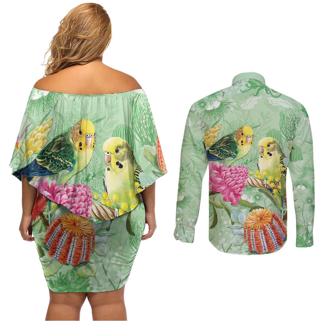 Birds and Floral Aussie Budgerigars Couples Matching Off Shoulder Short Dress and Long Sleeve Button Shirt Mint Opal - Aussie Hoodie