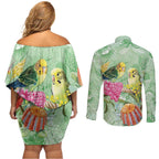 Birds and Floral Aussie Budgerigars Couples Matching Off Shoulder Short Dress and Long Sleeve Button Shirt Mint Opal - Aussie Hoodie