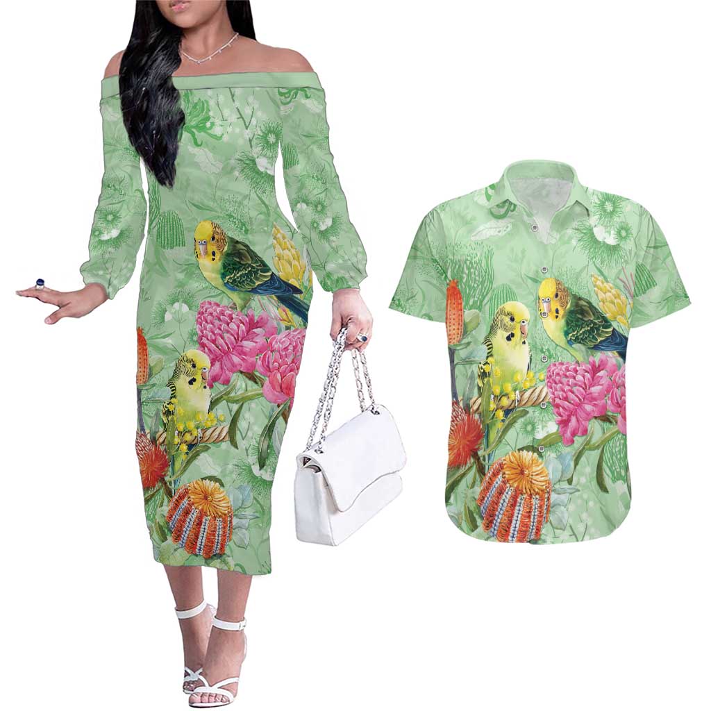 Birds and Floral Aussie Budgerigars Couples Matching Off The Shoulder Long Sleeve Dress and Hawaiian Shirt Mint Opal - Aussie Hoodie