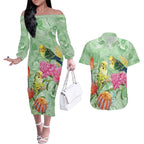 Birds and Floral Aussie Budgerigars Couples Matching Off The Shoulder Long Sleeve Dress and Hawaiian Shirt Mint Opal - Aussie Hoodie