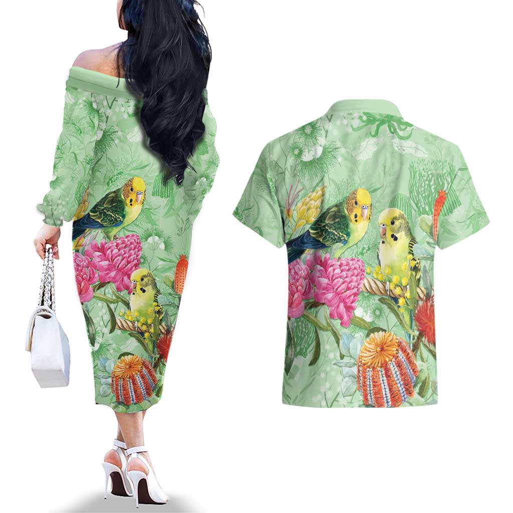 Birds and Floral Aussie Budgerigars Couples Matching Off The Shoulder Long Sleeve Dress and Hawaiian Shirt Mint Opal - Aussie Hoodie