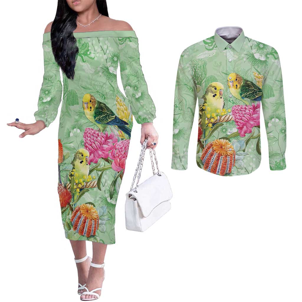 Birds and Floral Aussie Budgerigars Couples Matching Off The Shoulder Long Sleeve Dress and Long Sleeve Button Shirt Mint Opal - Aussie Hoodie