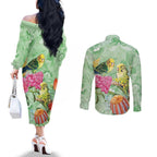 Birds and Floral Aussie Budgerigars Couples Matching Off The Shoulder Long Sleeve Dress and Long Sleeve Button Shirt Mint Opal - Aussie Hoodie