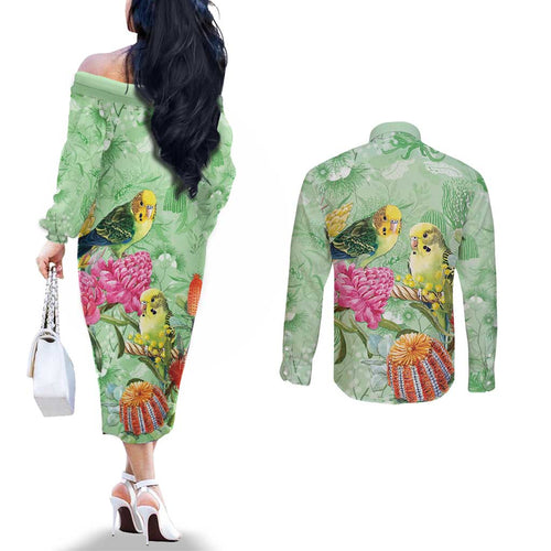 Birds and Floral Aussie Budgerigars Couples Matching Off The Shoulder Long Sleeve Dress and Long Sleeve Button Shirt Mint Opal - Aussie Hoodie