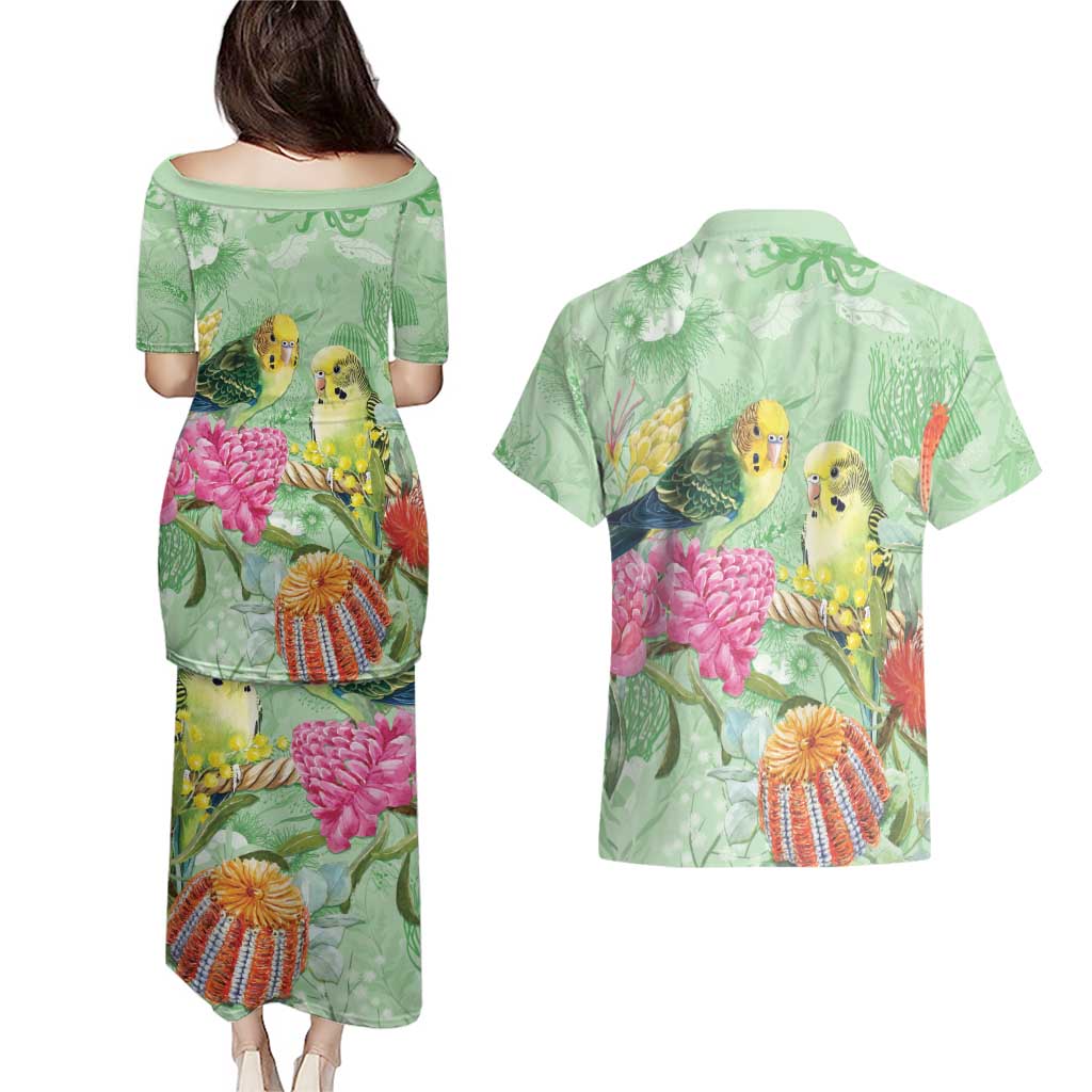 Birds and Floral Aussie Budgerigars Couples Matching Puletasi and Hawaiian Shirt Mint Opal - Aussie Hoodie