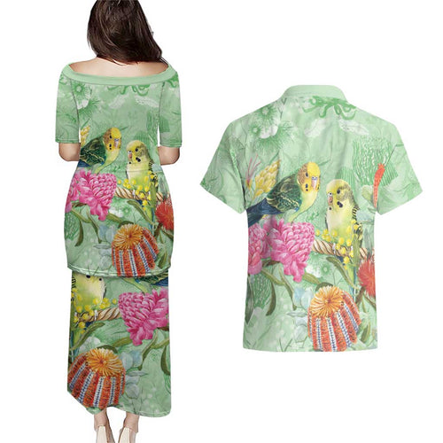 Birds and Floral Aussie Budgerigars Couples Matching Puletasi and Hawaiian Shirt Mint Opal - Aussie Hoodie