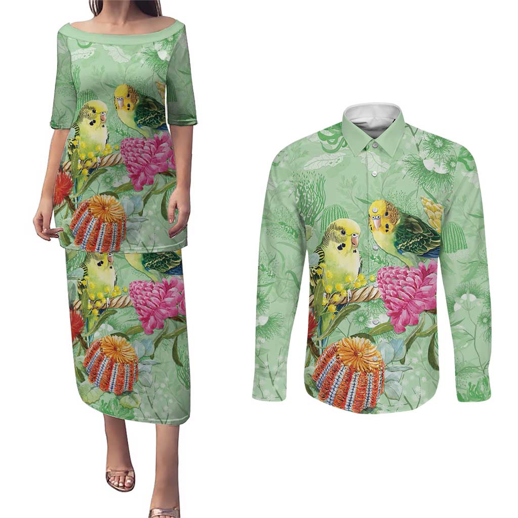 Birds and Floral Aussie Budgerigars Couples Matching Puletasi and Long Sleeve Button Shirt Mint Opal - Aussie Hoodie