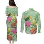 Birds and Floral Aussie Budgerigars Couples Matching Puletasi and Long Sleeve Button Shirt Mint Opal - Aussie Hoodie
