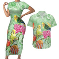 Birds and Floral Aussie Budgerigars Couples Matching Short Sleeve Bodycon Dress and Hawaiian Shirt Mint Opal - Aussie Hoodie