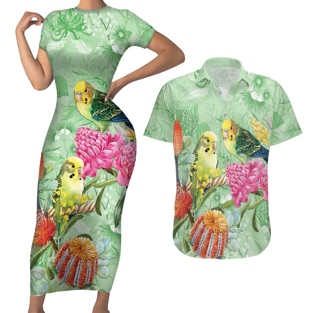 Birds and Floral Aussie Budgerigars Couples Matching Short Sleeve Bodycon Dress and Hawaiian Shirt Mint Opal - Aussie Hoodie