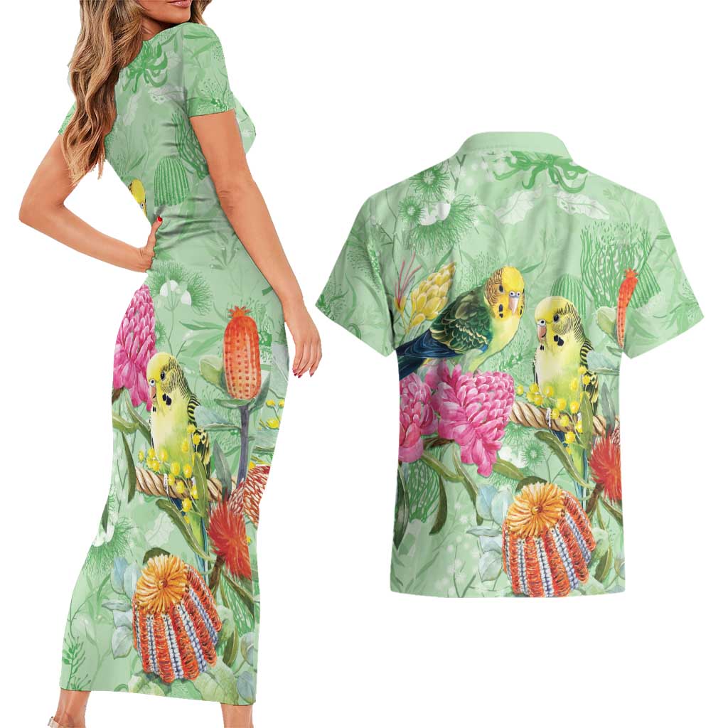 Birds and Floral Aussie Budgerigars Couples Matching Short Sleeve Bodycon Dress and Hawaiian Shirt Mint Opal - Aussie Hoodie