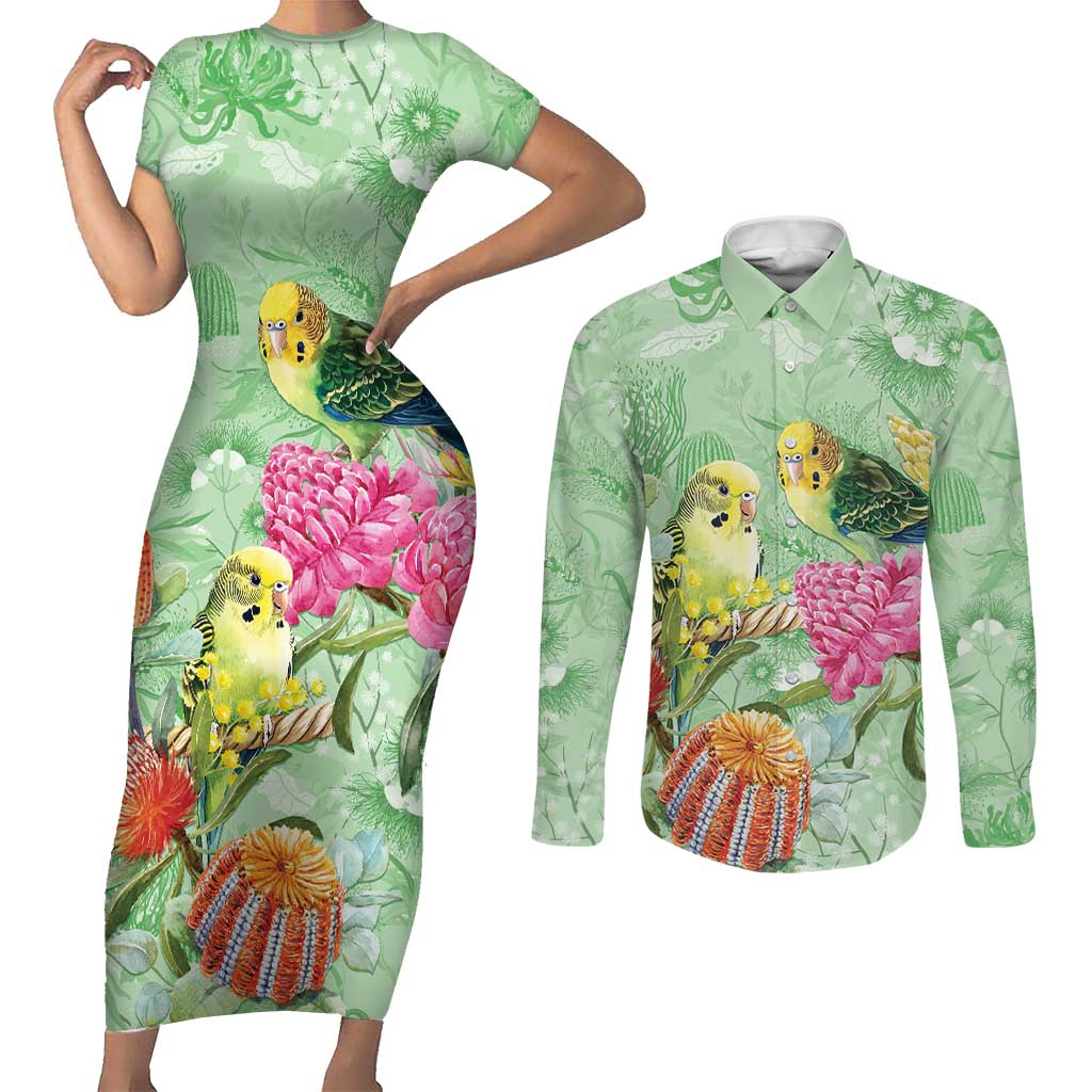 Birds and Floral Aussie Budgerigars Couples Matching Short Sleeve Bodycon Dress and Long Sleeve Button Shirt Mint Opal - Aussie Hoodie
