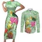 Birds and Floral Aussie Budgerigars Couples Matching Short Sleeve Bodycon Dress and Long Sleeve Button Shirt Mint Opal - Aussie Hoodie