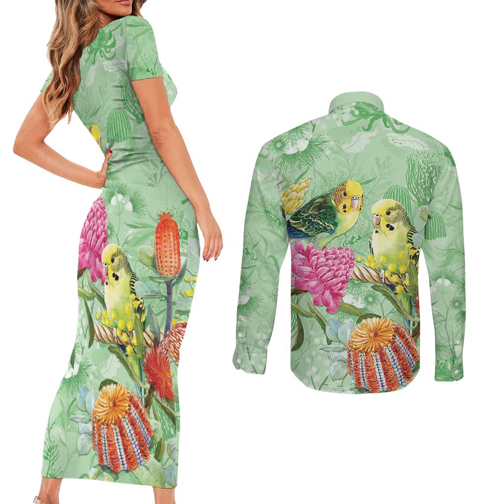 Birds and Floral Aussie Budgerigars Couples Matching Short Sleeve Bodycon Dress and Long Sleeve Button Shirt Mint Opal - Aussie Hoodie