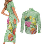 Birds and Floral Aussie Budgerigars Couples Matching Short Sleeve Bodycon Dress and Long Sleeve Button Shirt Mint Opal - Aussie Hoodie