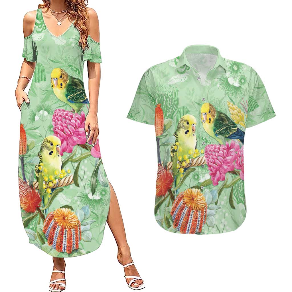 Birds and Floral Aussie Budgerigars Couples Matching Summer Maxi Dress and Hawaiian Shirt Mint Opal - Aussie Hoodie