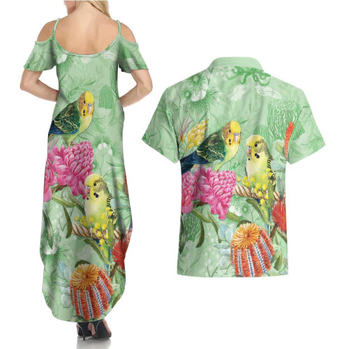 Birds and Floral Aussie Budgerigars Couples Matching Summer Maxi Dress and Hawaiian Shirt Mint Opal - Aussie Hoodie
