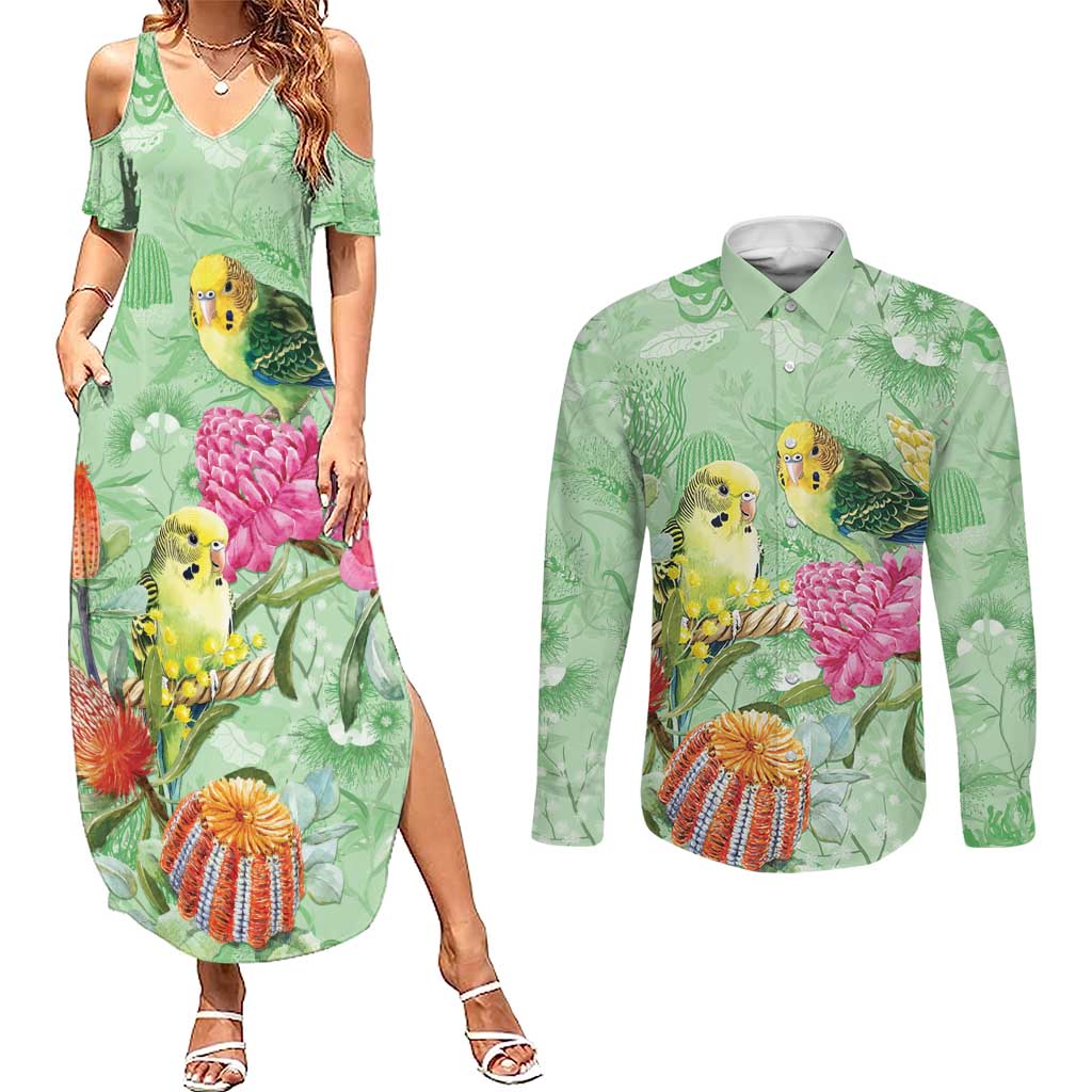 Birds and Floral Aussie Budgerigars Couples Matching Summer Maxi Dress and Long Sleeve Button Shirt Mint Opal - Aussie Hoodie