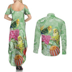 Birds and Floral Aussie Budgerigars Couples Matching Summer Maxi Dress and Long Sleeve Button Shirt Mint Opal - Aussie Hoodie
