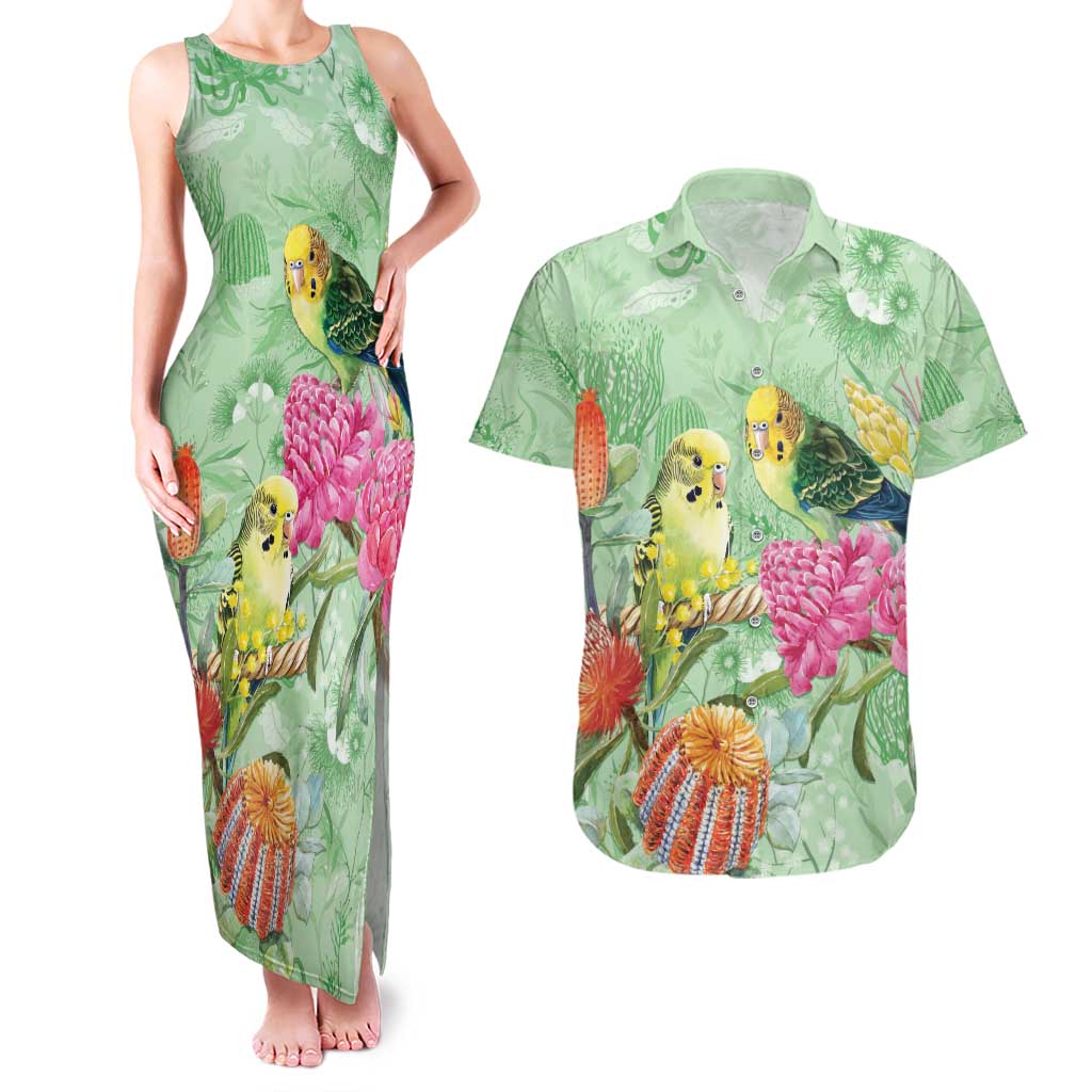 Birds and Floral Aussie Budgerigars Couples Matching Tank Maxi Dress and Hawaiian Shirt Mint Opal - Aussie Hoodie