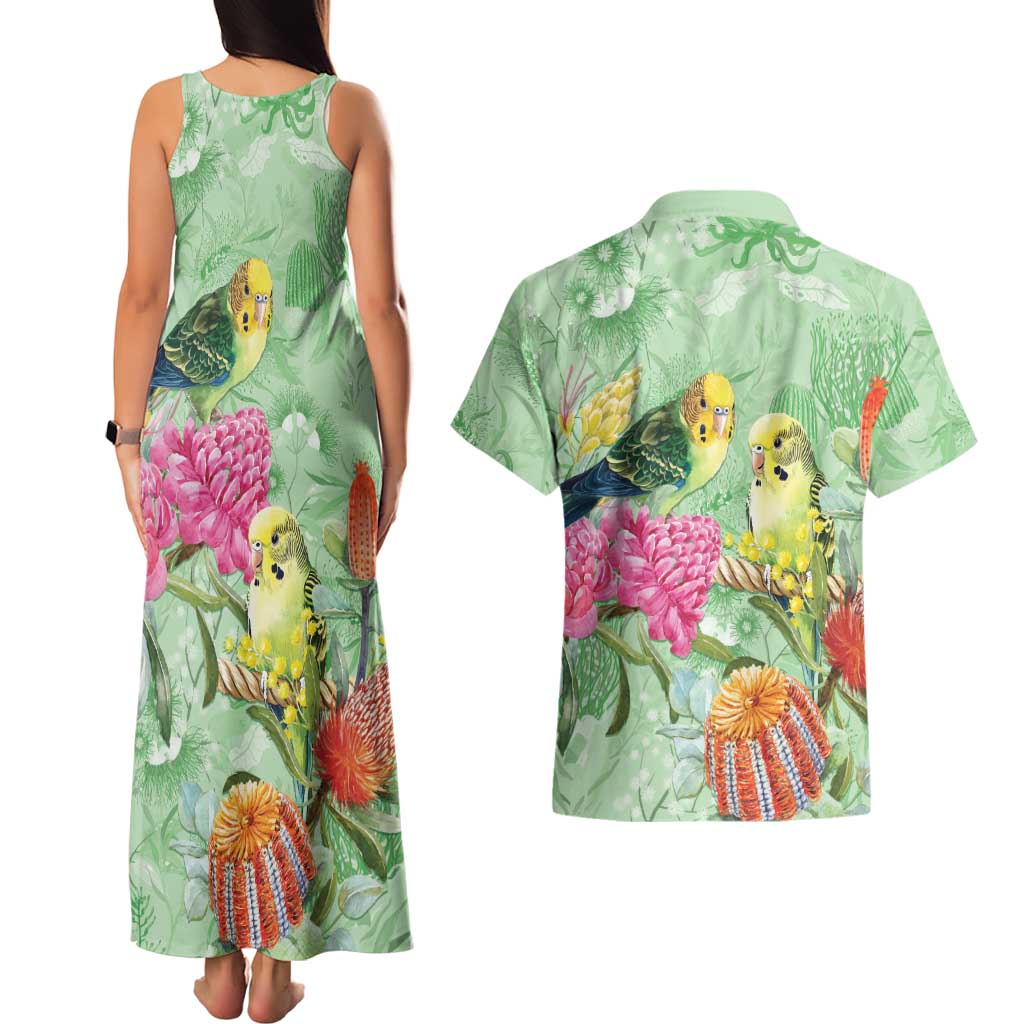 Birds and Floral Aussie Budgerigars Couples Matching Tank Maxi Dress and Hawaiian Shirt Mint Opal - Aussie Hoodie