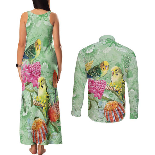 Birds and Floral Aussie Budgerigars Couples Matching Tank Maxi Dress and Long Sleeve Button Shirt Mint Opal - Aussie Hoodie