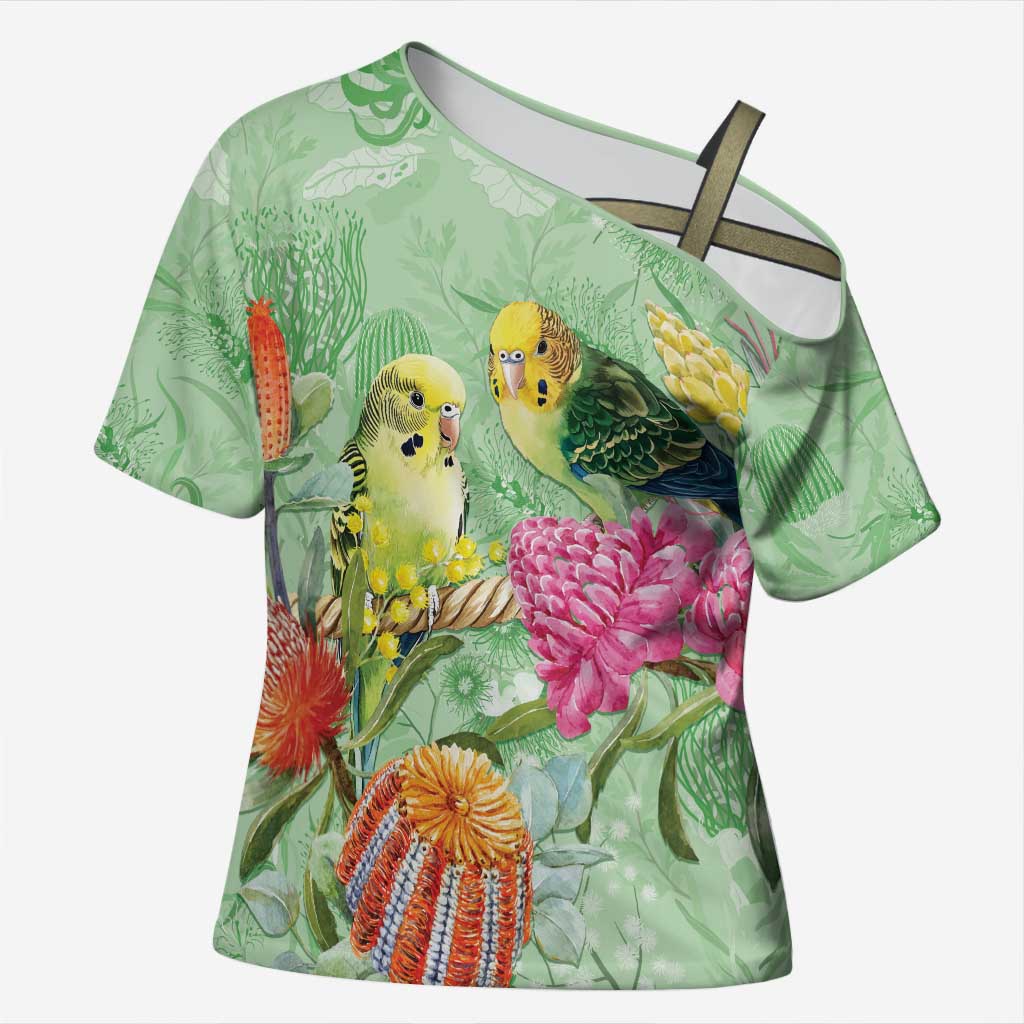 Birds and Floral Aussie Budgerigars Cross Shoulder Shirt Mint Opal - Aussie Hoodie