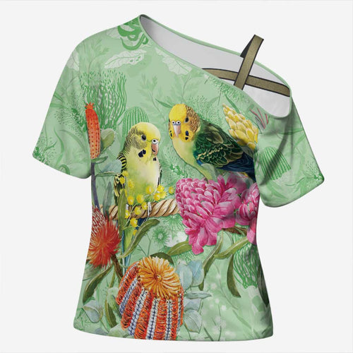 Birds and Floral Aussie Budgerigars Cross Shoulder Shirt Mint Opal - Aussie Hoodie