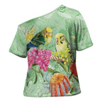 Birds and Floral Aussie Budgerigars Cross Shoulder Shirt Mint Opal - Aussie Hoodie