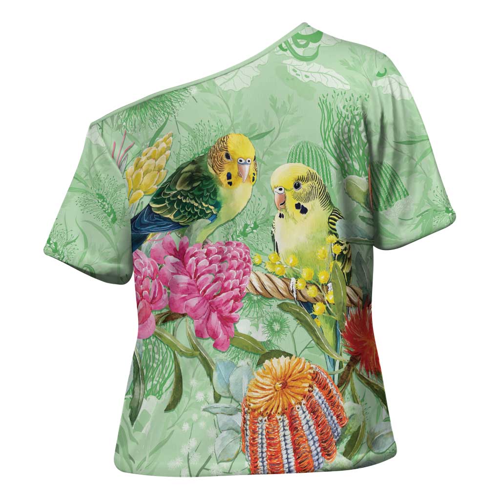 Birds and Floral Aussie Budgerigars Cross Shoulder Shirt Mint Opal - Aussie Hoodie
