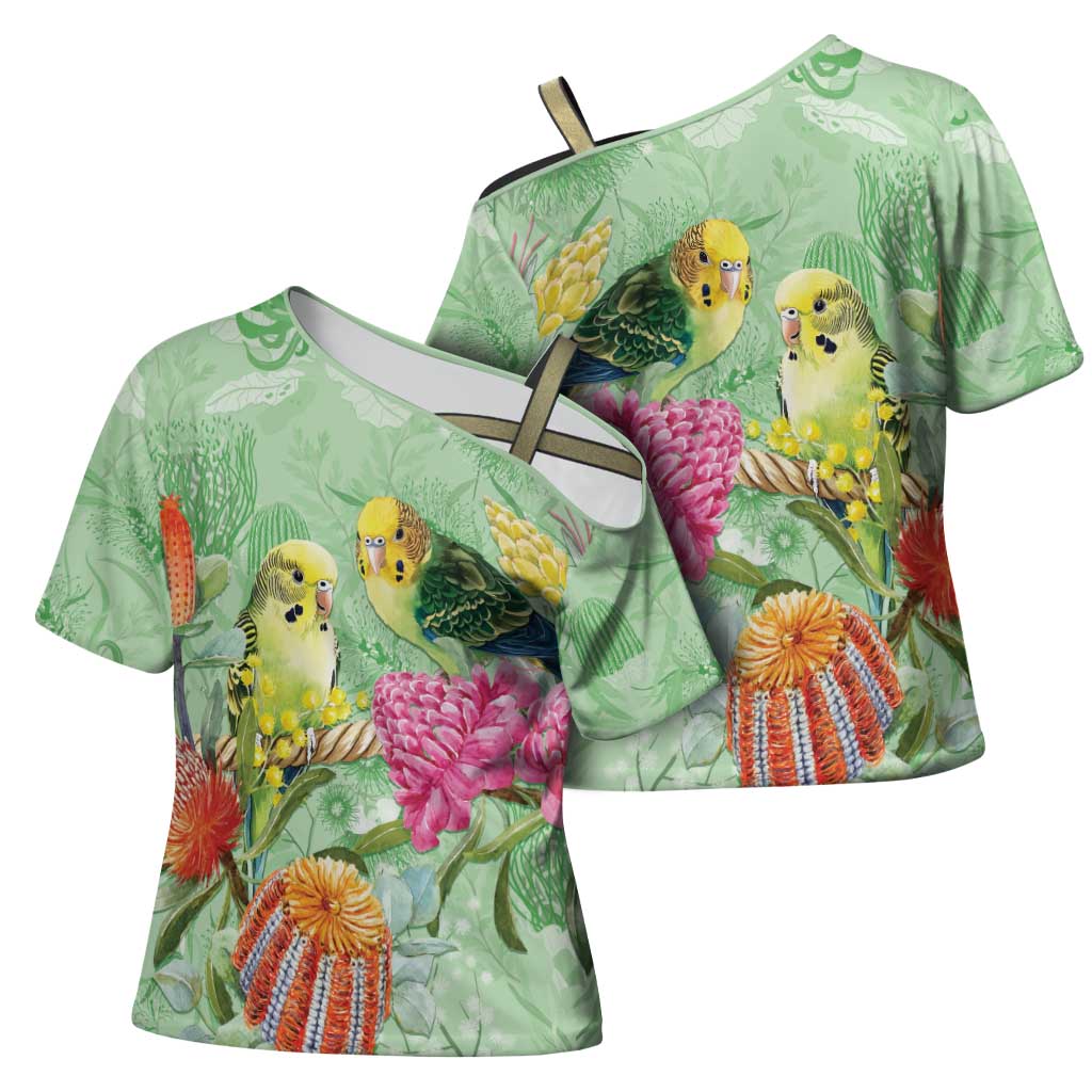 Birds and Floral Aussie Budgerigars Cross Shoulder Shirt Mint Opal - Aussie Hoodie