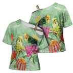 Birds and Floral Aussie Budgerigars Cross Shoulder Shirt Mint Opal - Aussie Hoodie