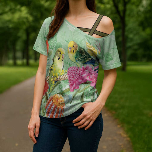 Birds and Floral Aussie Budgerigars Cross Shoulder Shirt Mint Opal - Aussie Hoodie