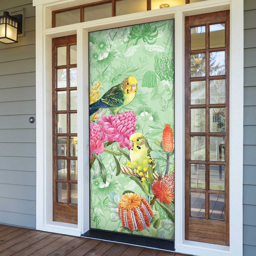Birds and Floral Aussie Budgerigars Door Cover Mint Opal - Aussie Hoodie