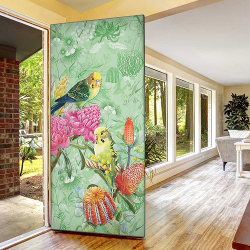 Birds and Floral Aussie Budgerigars Door Cover Mint Opal - Aussie Hoodie