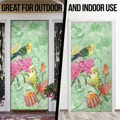 Birds and Floral Aussie Budgerigars Door Cover Mint Opal - Aussie Hoodie
