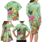 Birds and Floral Aussie Budgerigars Family Matching Long Sleeve Bodycon Dress and Hawaiian Shirt Mint Opal - Aussie Hoodie