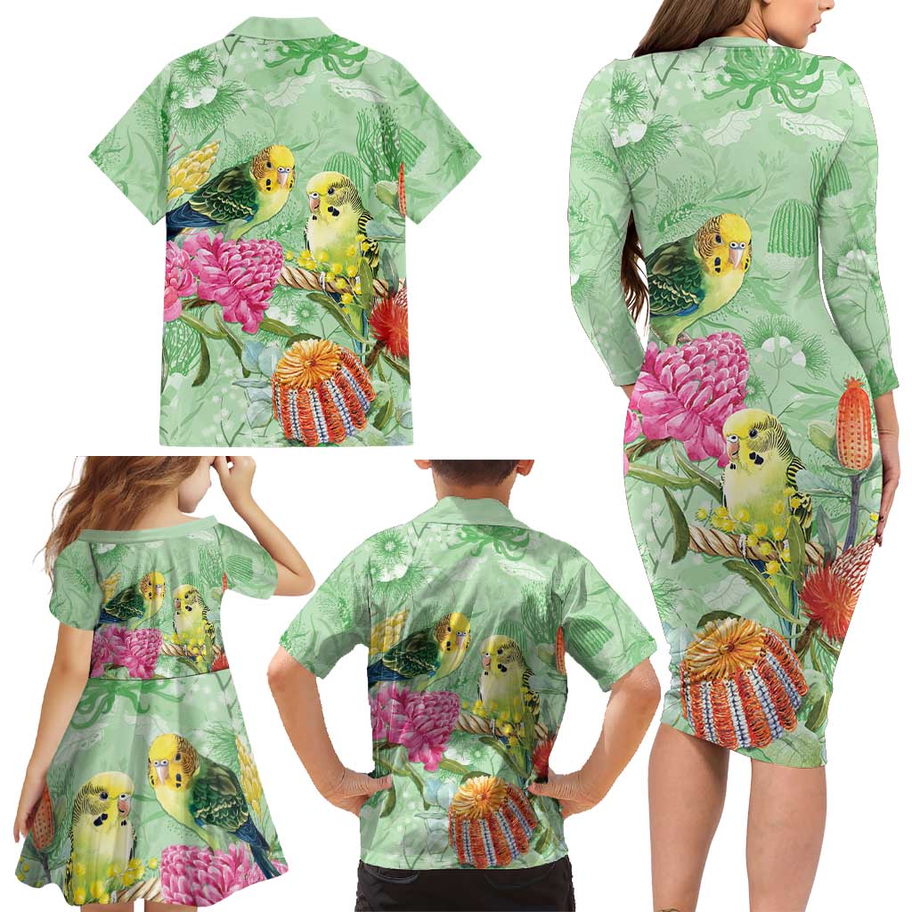 Birds and Floral Aussie Budgerigars Family Matching Long Sleeve Bodycon Dress and Hawaiian Shirt Mint Opal - Aussie Hoodie