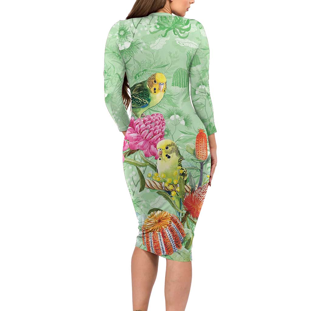 Birds and Floral Aussie Budgerigars Family Matching Long Sleeve Bodycon Dress and Hawaiian Shirt Mint Opal - Aussie Hoodie