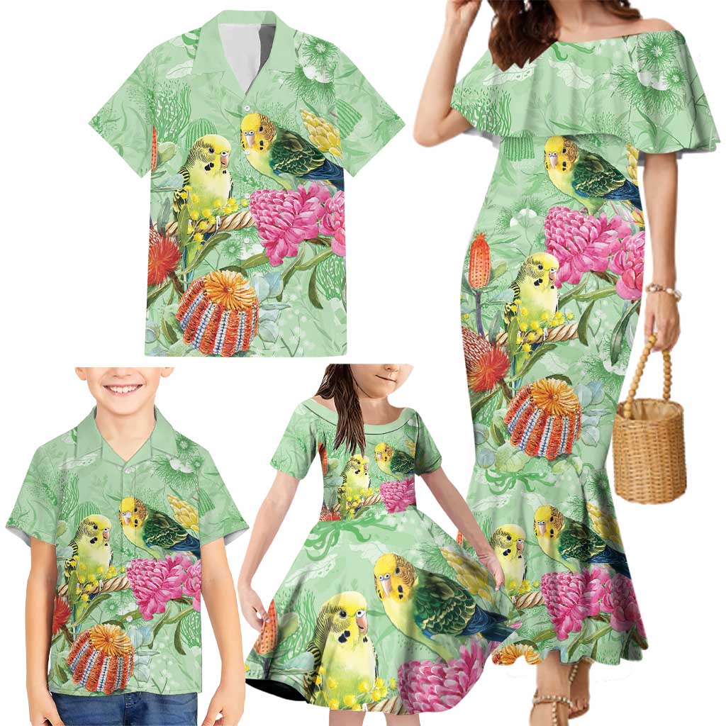 Birds and Floral Aussie Budgerigars Family Matching Mermaid Dress and Hawaiian Shirt Mint Opal - Aussie Hoodie