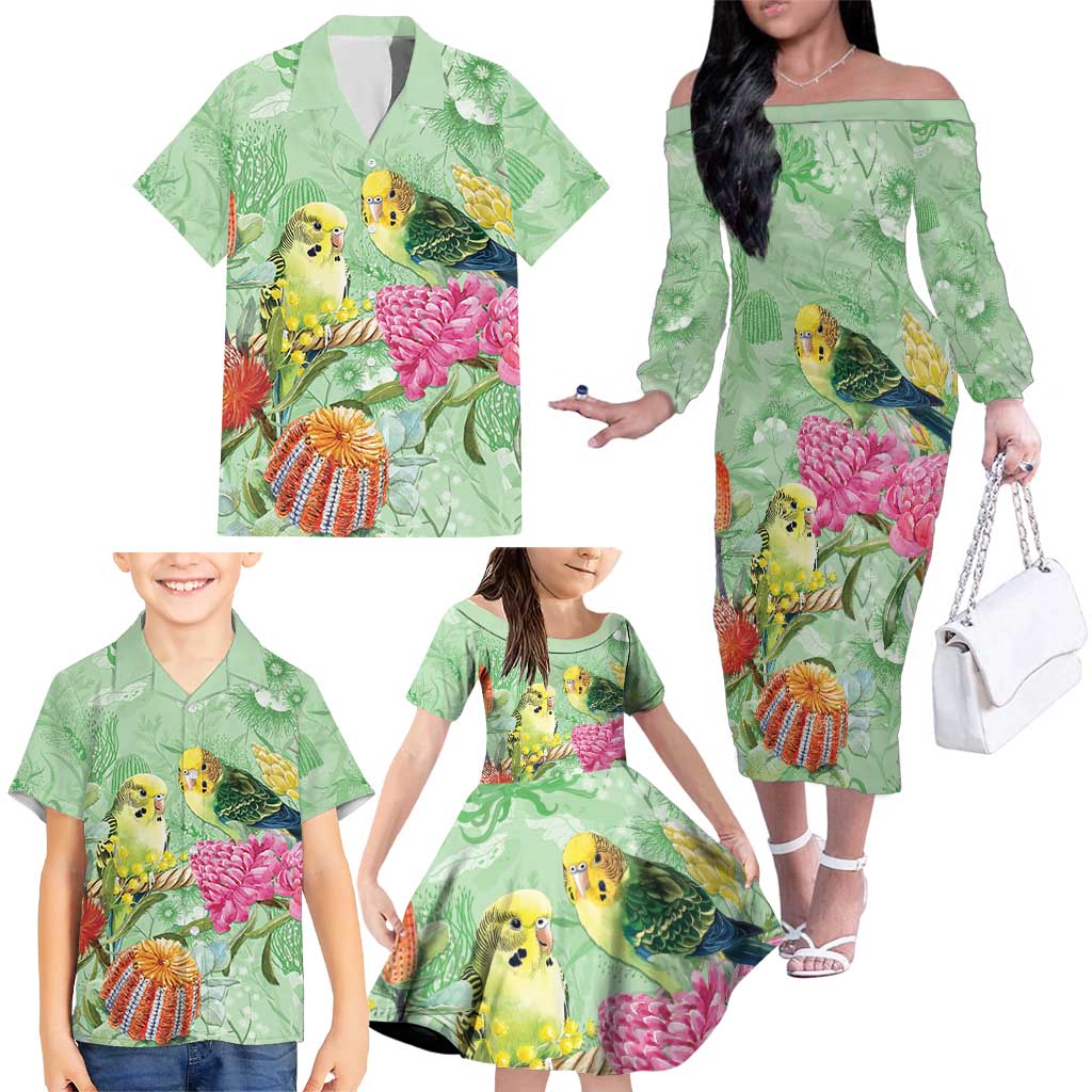 Birds and Floral Aussie Budgerigars Family Matching Off The Shoulder Long Sleeve Dress and Hawaiian Shirt Mint Opal - Aussie Hoodie