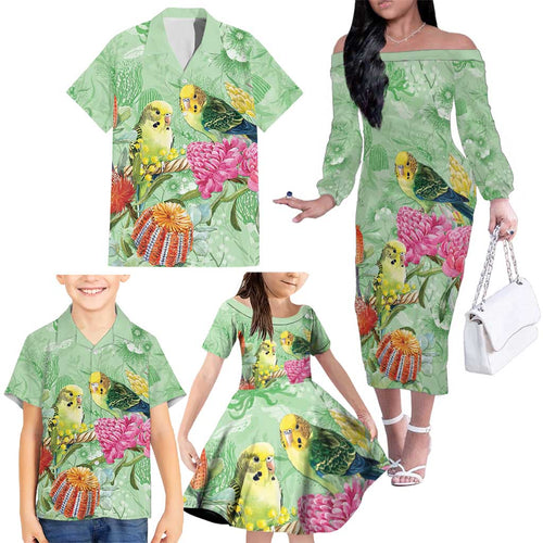 Birds and Floral Aussie Budgerigars Family Matching Off The Shoulder Long Sleeve Dress and Hawaiian Shirt Mint Opal - Aussie Hoodie