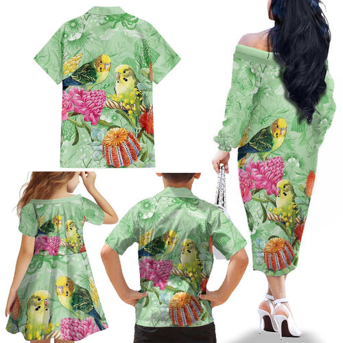 Birds and Floral Aussie Budgerigars Family Matching Off The Shoulder Long Sleeve Dress and Hawaiian Shirt Mint Opal - Aussie Hoodie