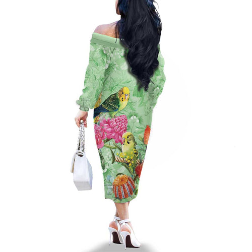 Birds and Floral Aussie Budgerigars Family Matching Off The Shoulder Long Sleeve Dress and Hawaiian Shirt Mint Opal - Aussie Hoodie