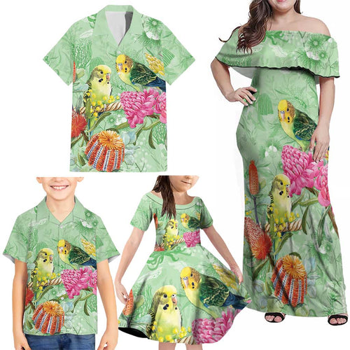 Birds and Floral Aussie Budgerigars Family Matching Off Shoulder Maxi Dress and Hawaiian Shirt Mint Opal - Aussie Hoodie