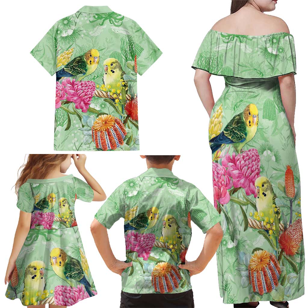 Birds and Floral Aussie Budgerigars Family Matching Off Shoulder Maxi Dress and Hawaiian Shirt Mint Opal - Aussie Hoodie