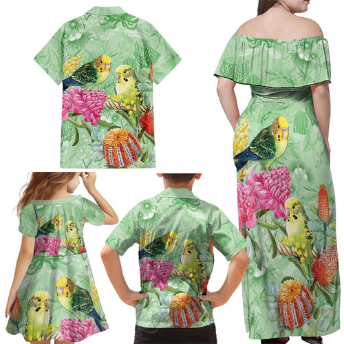 Birds and Floral Aussie Budgerigars Family Matching Off Shoulder Maxi Dress and Hawaiian Shirt Mint Opal - Aussie Hoodie