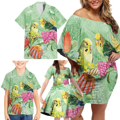 Birds and Floral Aussie Budgerigars Family Matching Off Shoulder Short Dress and Hawaiian Shirt Mint Opal - Aussie Hoodie