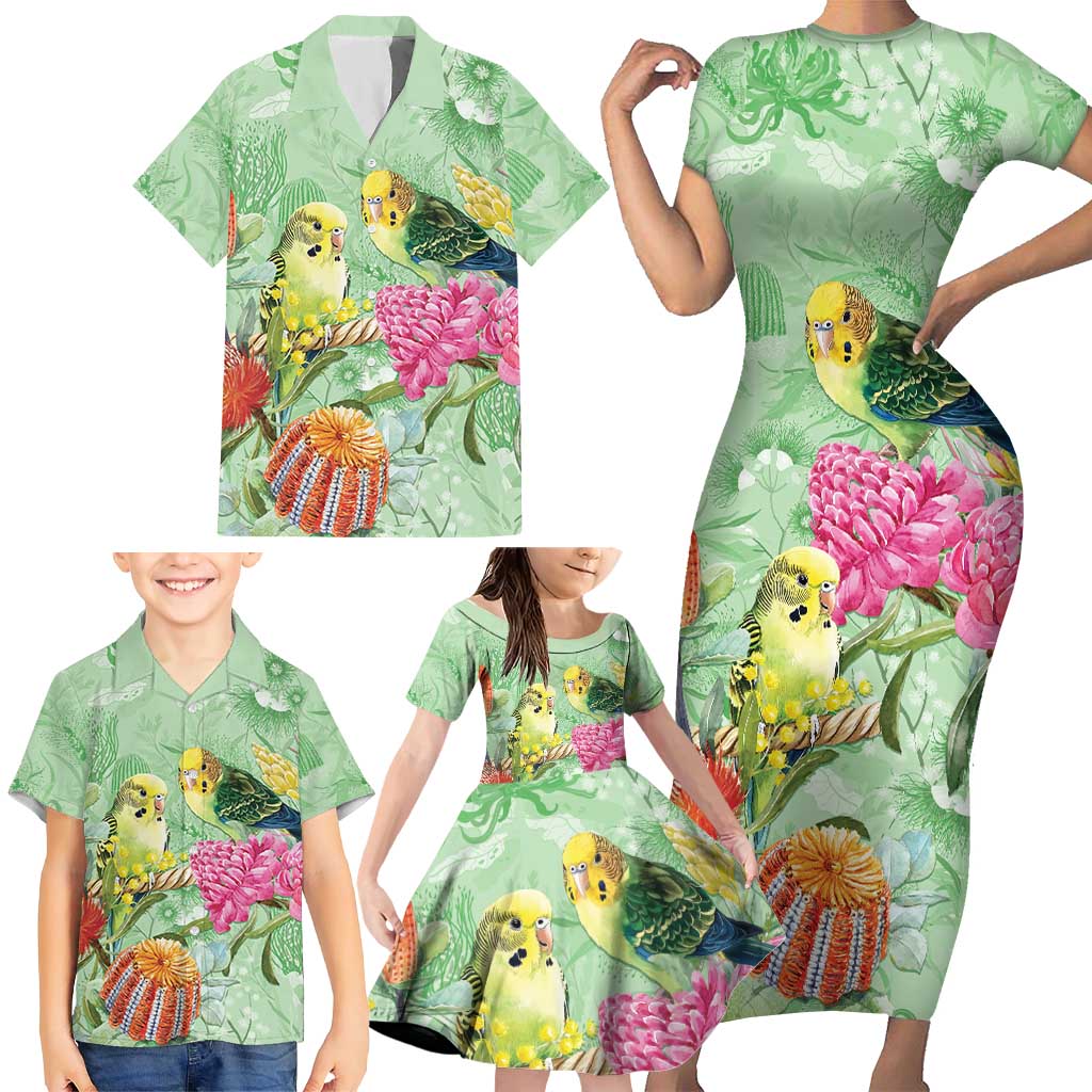 Birds and Floral Aussie Budgerigars Family Matching Short Sleeve Bodycon Dress and Hawaiian Shirt Mint Opal - Aussie Hoodie