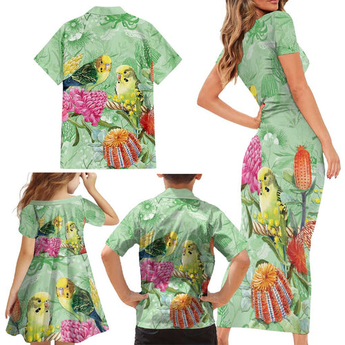 Birds and Floral Aussie Budgerigars Family Matching Short Sleeve Bodycon Dress and Hawaiian Shirt Mint Opal - Aussie Hoodie